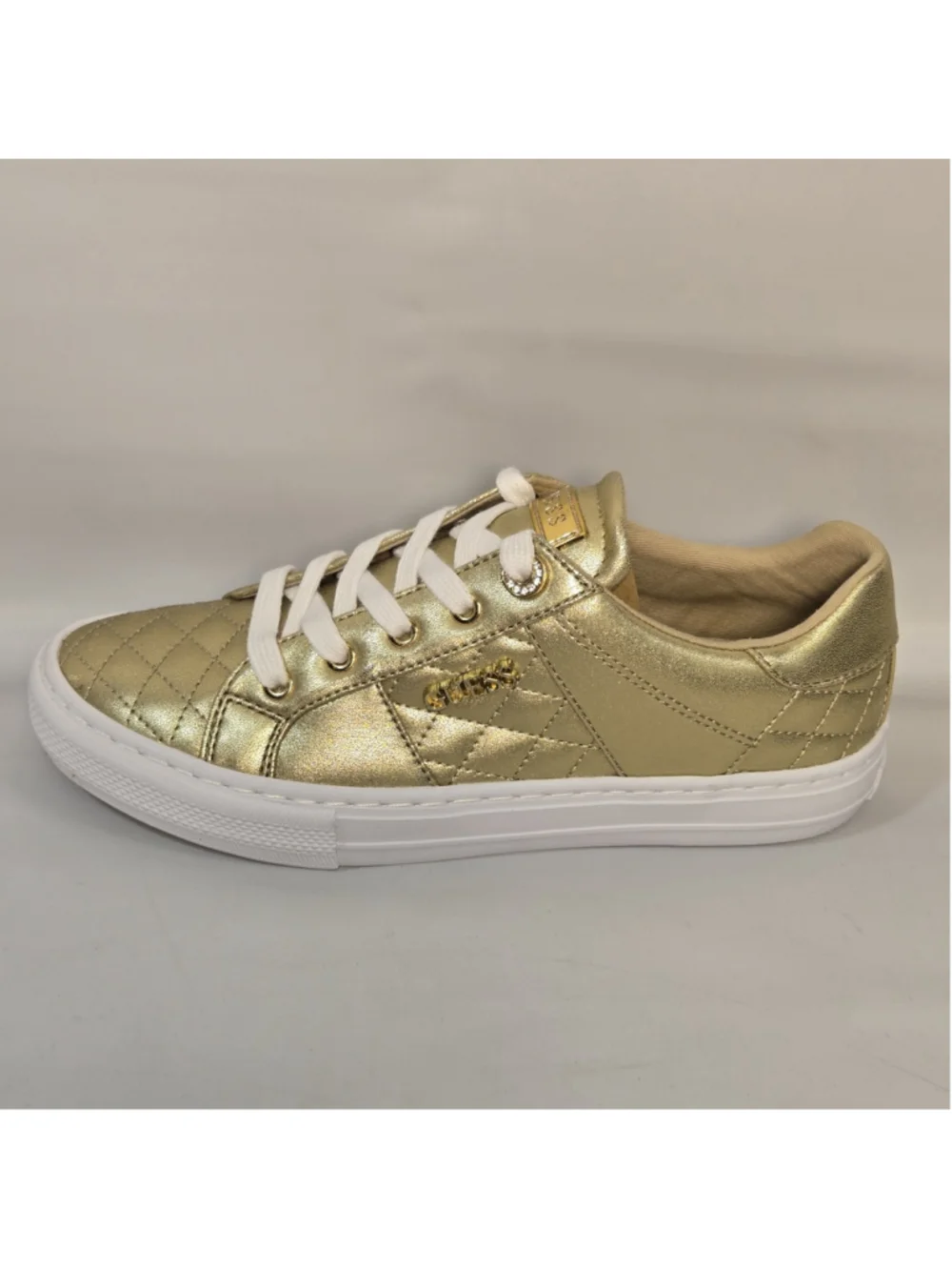 Guess Loven Shoes Metallic Gold Womens 7.5 Logo Lace Up Casual Fashion Sneakers
